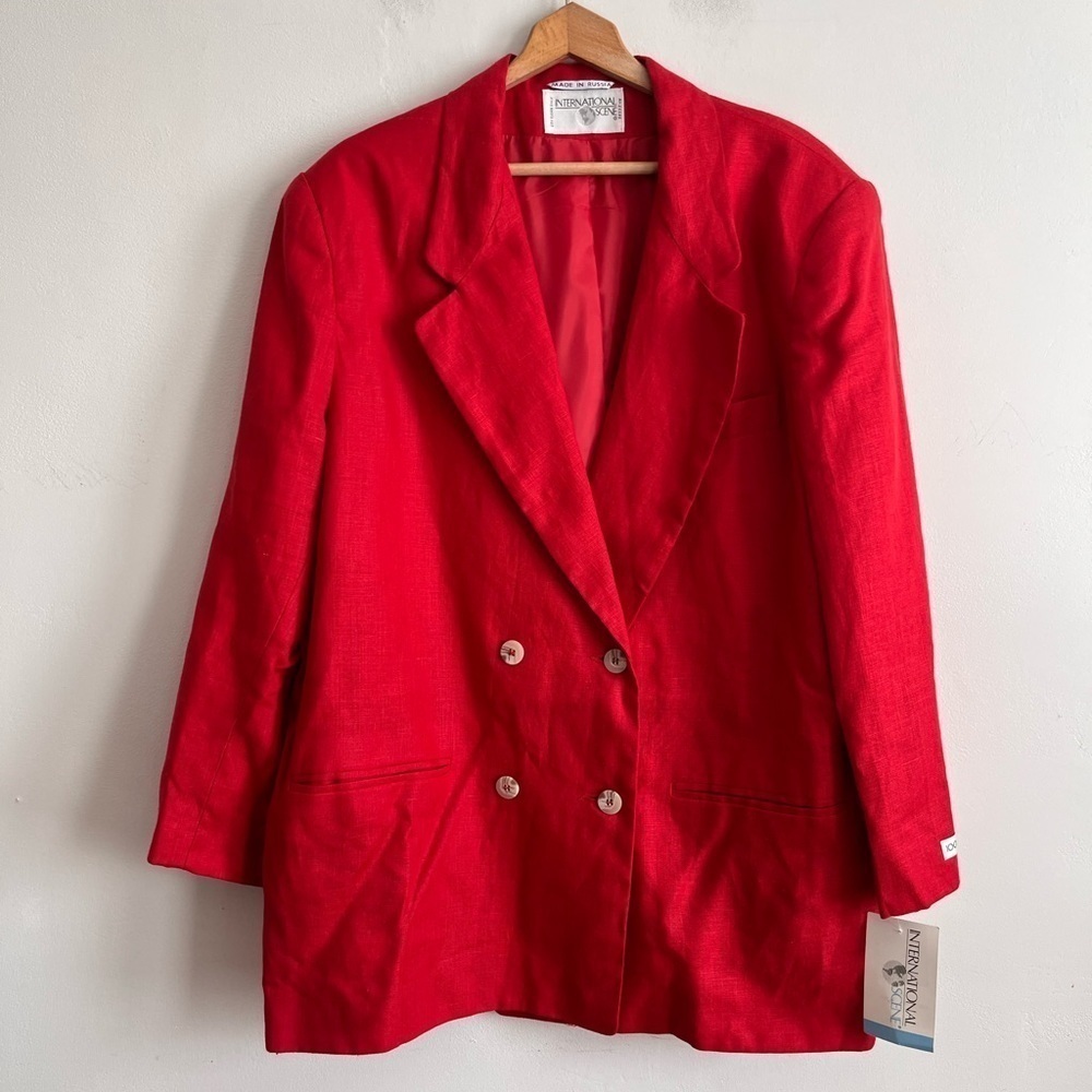 Internacional Scene Red Double Breasted Linen Shoulder Pads Blazer